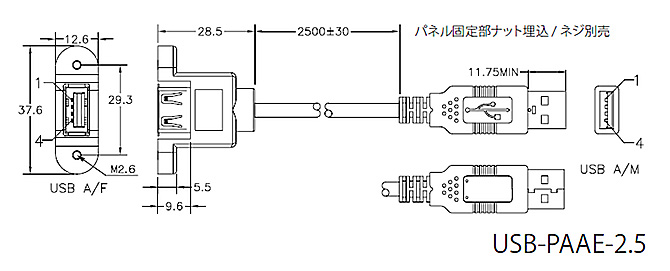 USB-PAAE-2.5　（A側 パネル取付） 