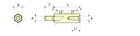 黄銅スペーサー（六角・短間段重ね用）　 MSB-E 寸法図