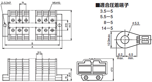 フィンガープロテクト構造組端子台　TFPM　80シリーズ（定格80A）　寸法図